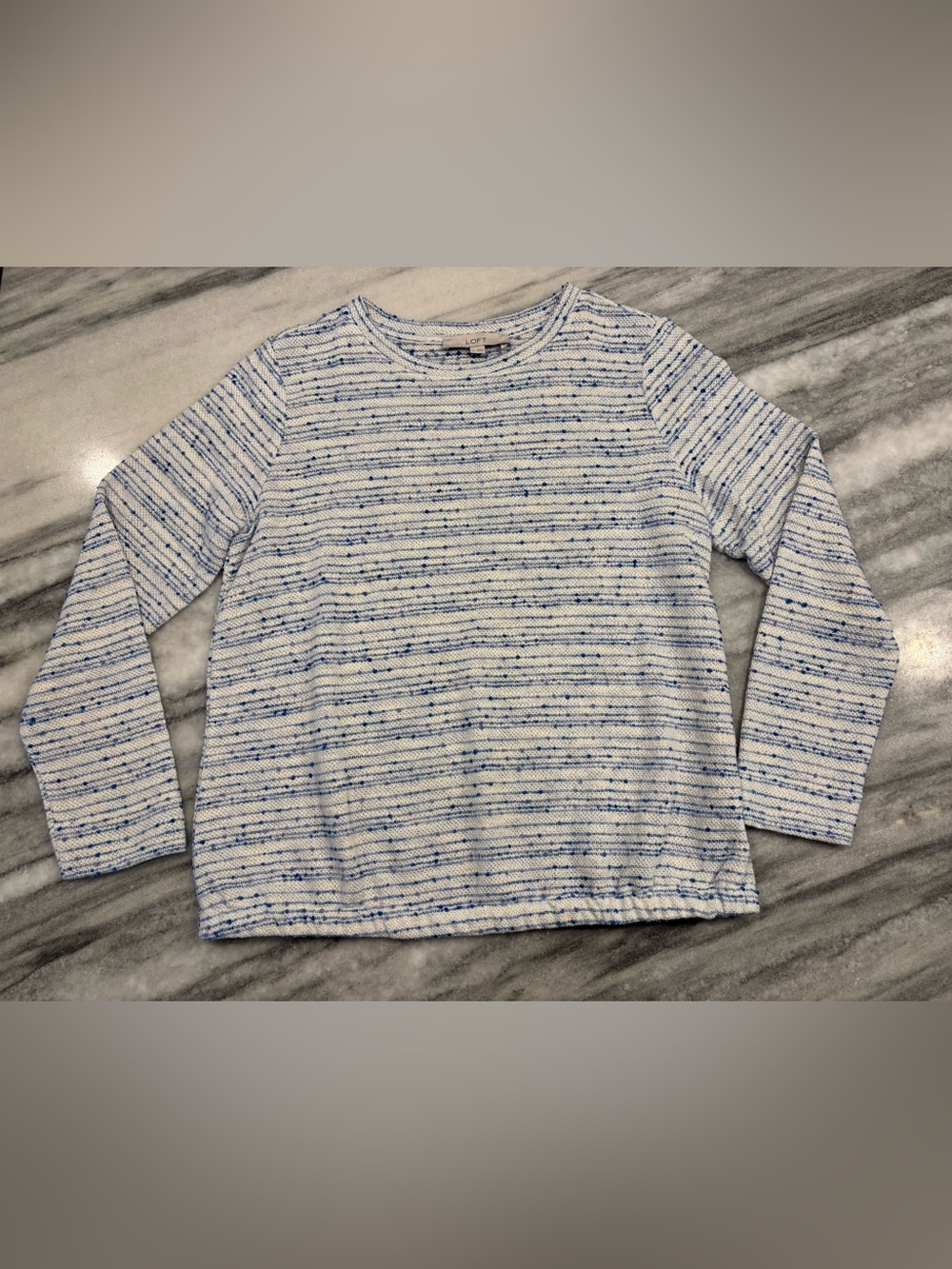 LOFT White and Blue Speckled Knit Sweater with Elastic Bubble Waist Hem
